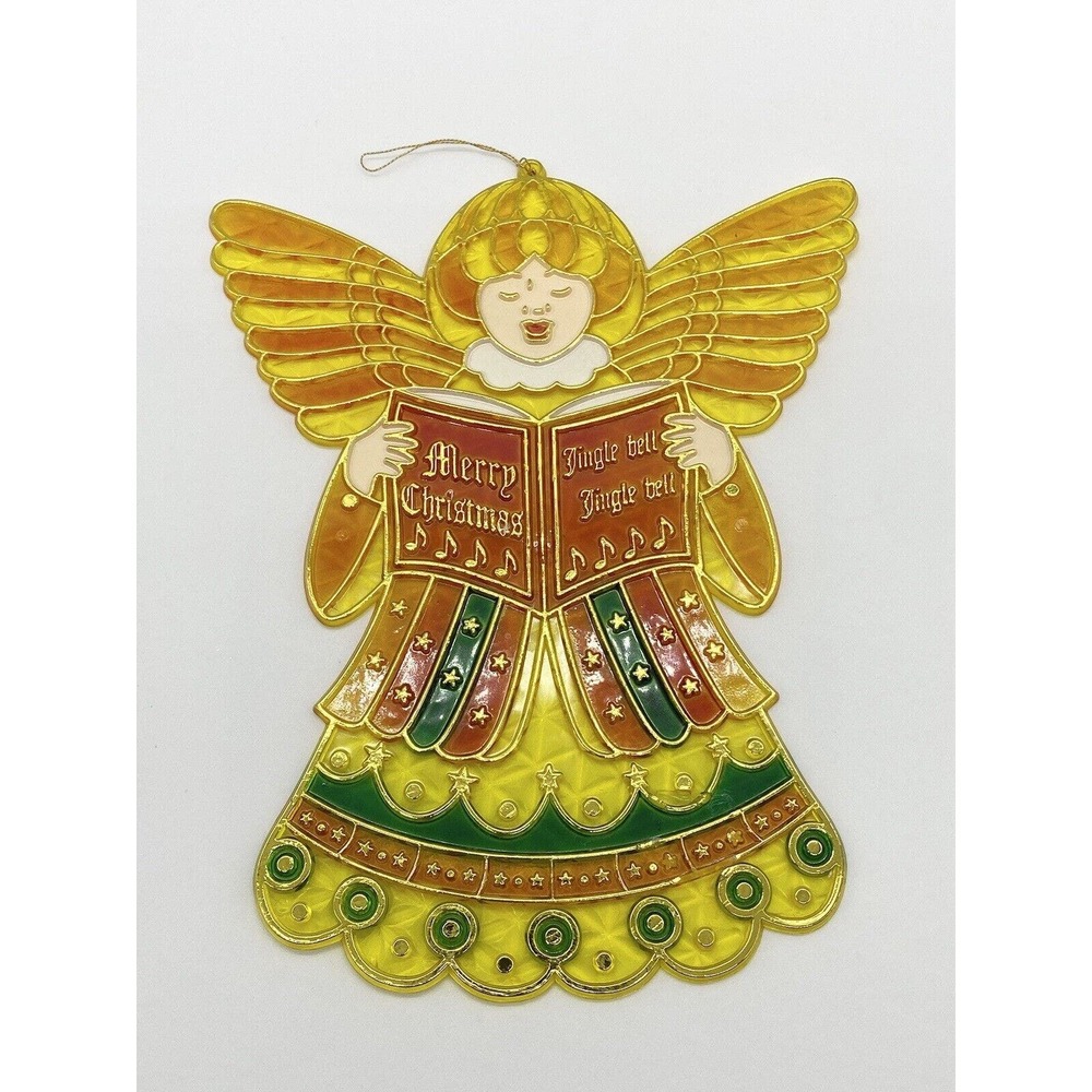 Vintage Plastic Choir Angel Suncatcher Christmas Carol Decoration 8” Tall‎